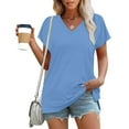 thumbnail image 1 of QUNYINEY V Neck Women's T-Shirts Blue Casual Short Sleeve Striped Tops Loose Tops for Women, 1 of 9