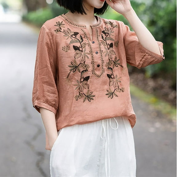 QUNYINEY V Neck Women's T-Shirts Casual Vintage Short Sleeve Tops Loose Summer Cotton Linen Pullover Tops for Women