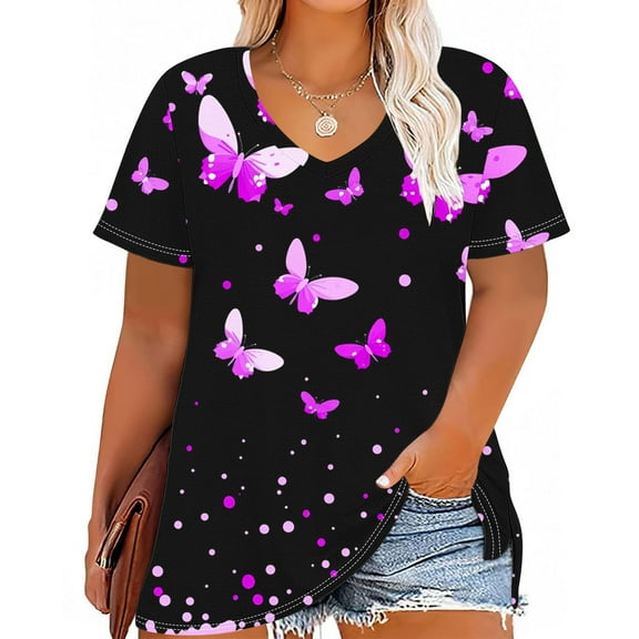 QUNYINEY V Neck Women's T-Shirts Short Sleeve Butterfly Casual Tops Plus Size Pullover Loose Shirts Womens Tops Trendy