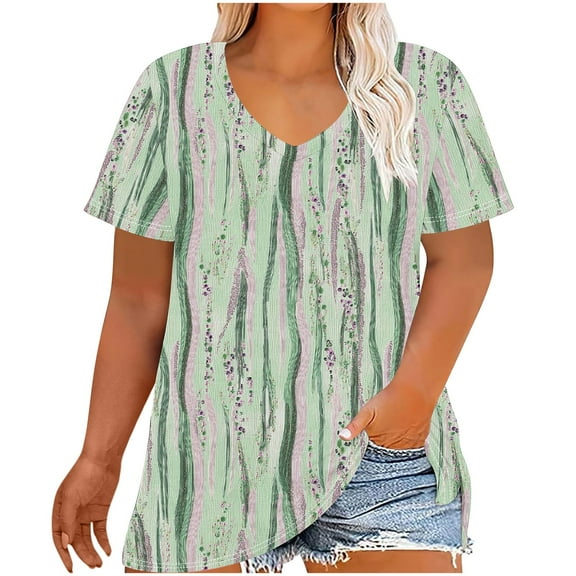 QUNYINEY V Neck Women's T Shirts Short Sleeve Floral Casual Tops Loose Pullover Going Out Plus Size Shirts