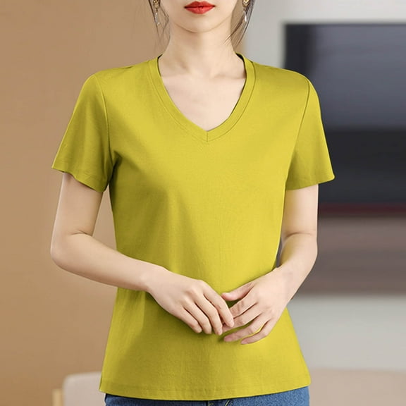 QUNYINEY V Neck Women's T Shirts Solid Short Sleeve Casual Tops Breathable Pullover Cotton Loose Shirts