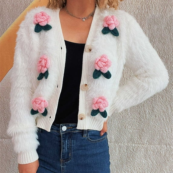 QUNYINEY V Neck Womens Fall Sweaters Button Down Cardigan Floral Long Sleeve Coat Cropped Loose Fit Fit Casual Knit Womens Outfits