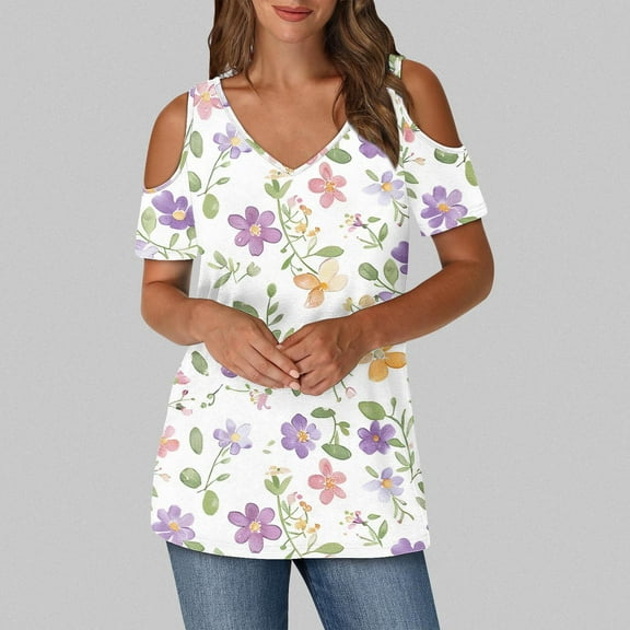 QUNYINEY V Neck Womens Summer Tops Casual Cold Shoulder Floral Blouses Short Sleeve Pullover Loose Tops