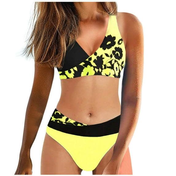 QUNYINEY V Neck Womens Swimsuit Floral Bikinis Tie Back Bathing Suit High Waisted Two Piece Swimsuit Sets