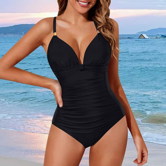 QUNYINEY V Neck Womens Swimsuits One Piece Spaghetti Straps Solid Bathing Suit High Waisted Tummy Control Swimwear