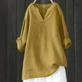 thumbnail image 1 of QUNYINEY V-Neck Womens T Shirts Long Sleeve Yellow Colorblock Casual Tops Pullover Drop Shoulder Loose Cotton Linen T-Shirts, 1 of 3