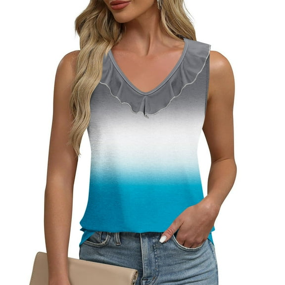 QUNYINEY V Neck Womens Tank Tops Camisole Casual Gradient Sleeveless Shirts Loose Ruffle Summer Tank Tops