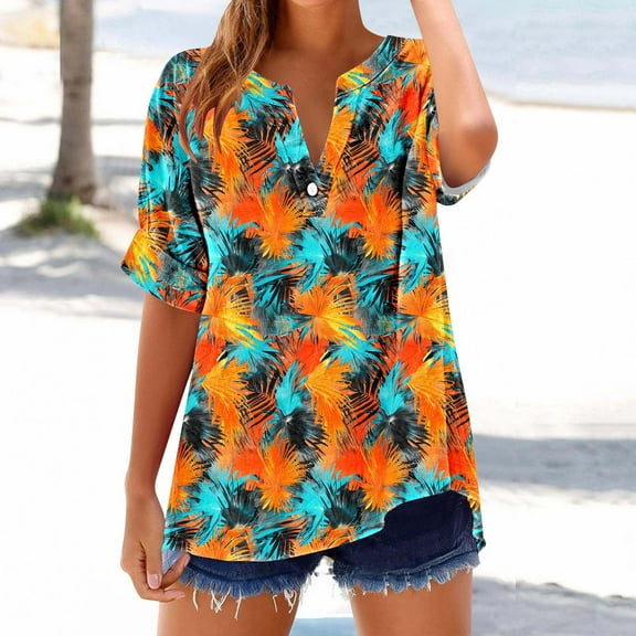 QUNYINEY V Neck Womens Tshirts Short Sleeve Hawaiian Casual Tops Summer Pullover Loose Cotton Linen Button Womens Tops