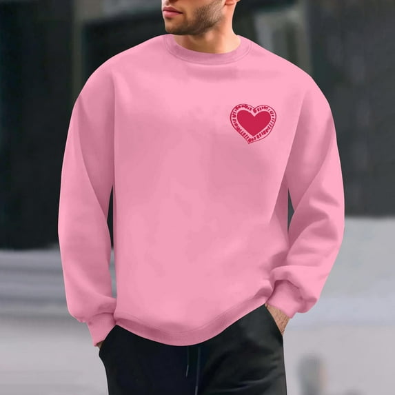 QUNYINEY Valentine's Day Mens Sweatshirt Pink Crew Neck Long Sleeve Casual Tops Pullover Loose Drop Shoulder Sweatshirts