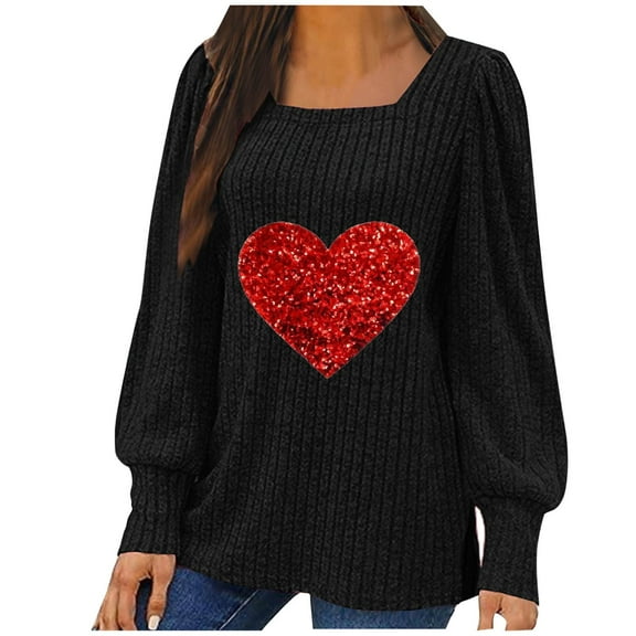 QUNYINEY Valentine's Day T Shirts for Women Puff Long Sleeve Black Square Neckline Casual Tops Drop Shoulder Pullover Ribbed Knit Loose T-Shirts Tops for Women Trendy