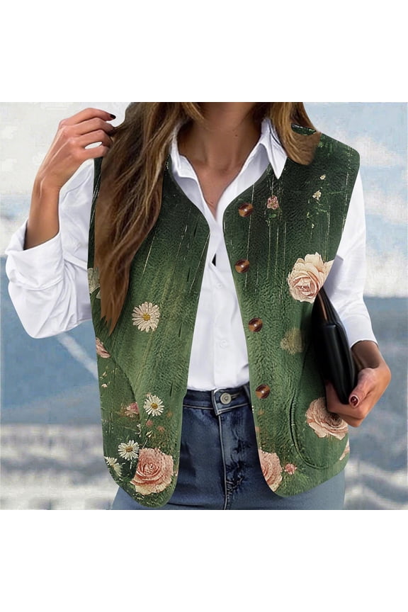 Vest Jackets for Women Fleece Floral Outerwear Lightweight Turndown Collar Button Down Loose Fit Sleeveless Womens Jackets Trendy