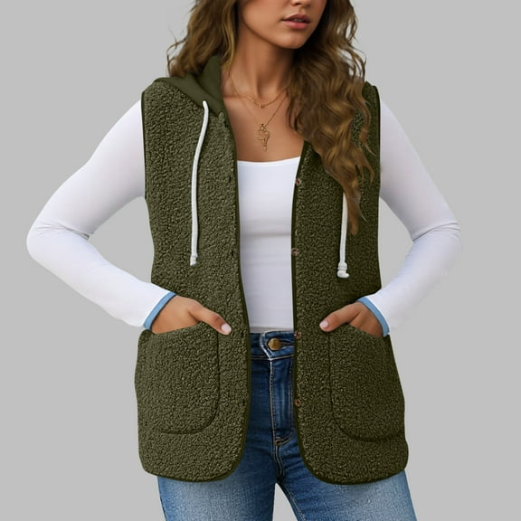 QUNYINEY Vest for Women Lightweight Fleece Green Waistcoat Pockets Button Down with Hood Loose Fit Sleeveless Women Jacket