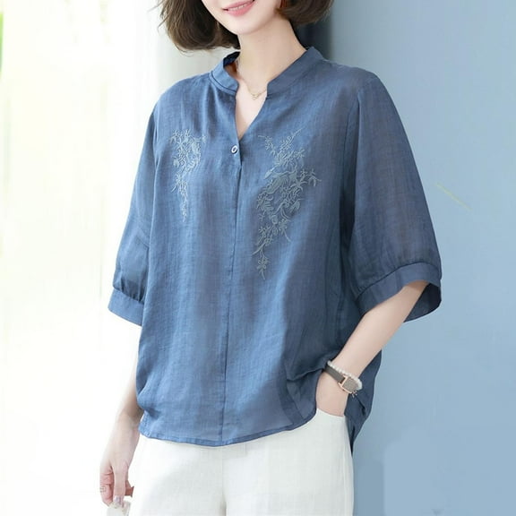 QUNYINEY Vintage Embroidery Flower Women's T-Shirts Casual Pullover Short Sleeve V Neck Tops Loose Linen Plus Size Womens Summer Tops
