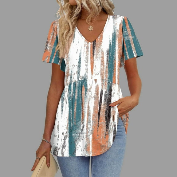 QUNYINEY Vintage Spring Tops for Women Casual Short Sleeve V Neck Shirts Peplum Loose Tops