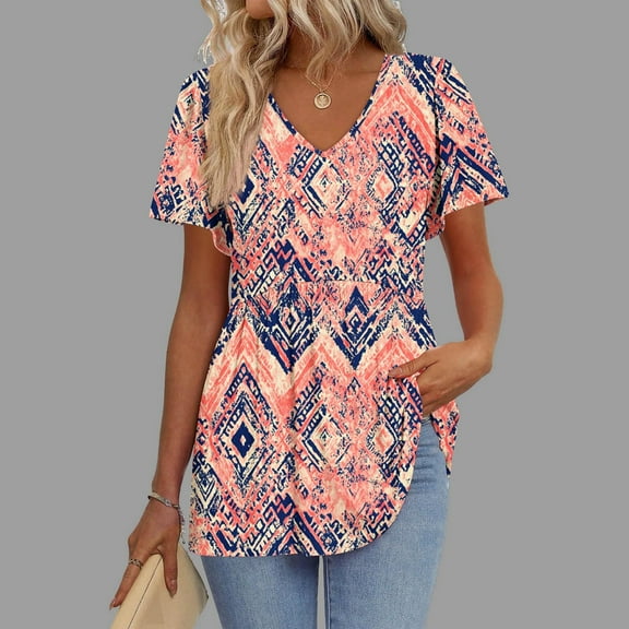 QUNYINEY Vintage Tops for Women V Neck Casual Short Sleeve Shirts Peplum Loose Tops