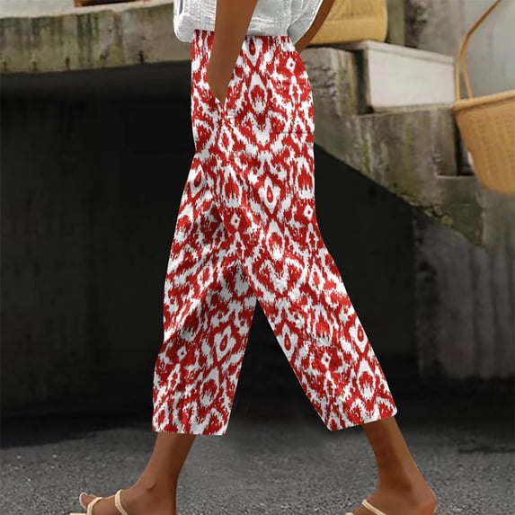 QUNYINEY Vintage Women Capris for Summer Beach Casual Straight High Waist Cropped Pant Loose with Pockets Drawstring Pants