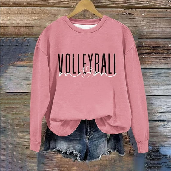 QUNYINEY Volleyball Mom Women Sweatshirts Crew Neck Casual Pink Long Sleeve Tops Loose Pullover Drop Shoulder Sweatshirts
