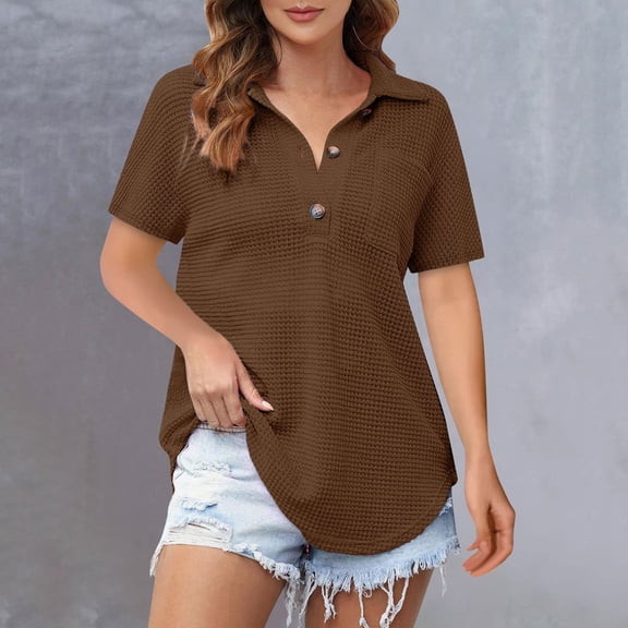 QUNYINEY Waffle Womens Blouses Short Sleeve Brown Casual Shirts Pullover Loose Collared Button Tops for Women