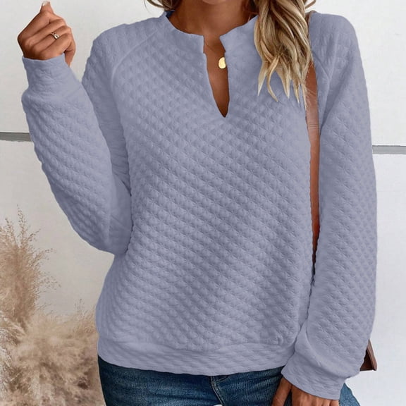 QUNYINEY Waffle Womens Sweatshirts Trendy Blue V Neck Shirts Long Sleeve Loose Fit Pullover Womens Casual Tops