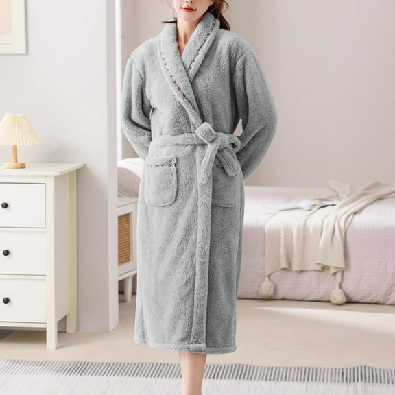 QUNYINEY Warm Womens Bathrobe Long Sleeve Gray Flannel Bathrobe Fuzzy with Pocket and Belt Loose Fit Lounge Wear for Women