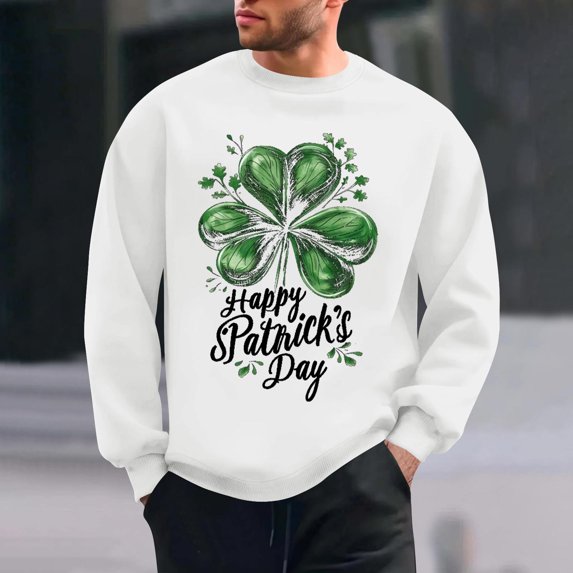 QUNYINEY White Men Sweatshirts Long Sleeve St Patricks Day Casual Crew Neck Tops Drop Shoulder Loose Pullover Sweatshirts