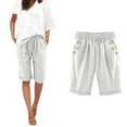 thumbnail image 1 of QUNYINEY White Summer Bermuda Shorts for Women Solid Casual Cotton Linen Drawstring Button Elastic Waist Relaxed Fit Shorts, 1 of 5