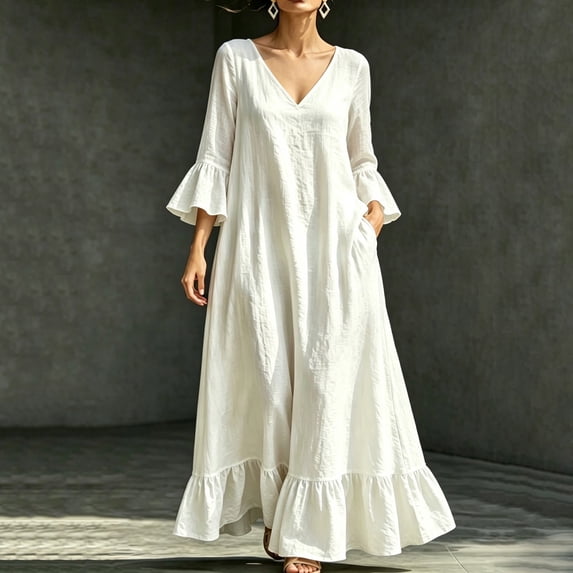 QUNYINEY White Womens Dresses Flowy 3/4 Sleeve Maxi Casual A Line Dress with Pockets Vacation Loose Fit V Neck Dresses