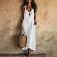 thumbnail image 1 of QUNYINEY White Womens Plus Size Dresses Faux Cotton Linen Sleeveless Long A Line Sundress Vacation Loose Fit with Pockets V Neck Dresses, 1 of 9