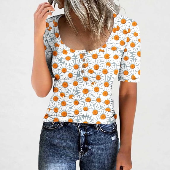 QUNYINEY White Womens Summer Tops Crew Neck Short Sleeve Casual Floral Shirts Button Ribbed Loose Womens Shirts