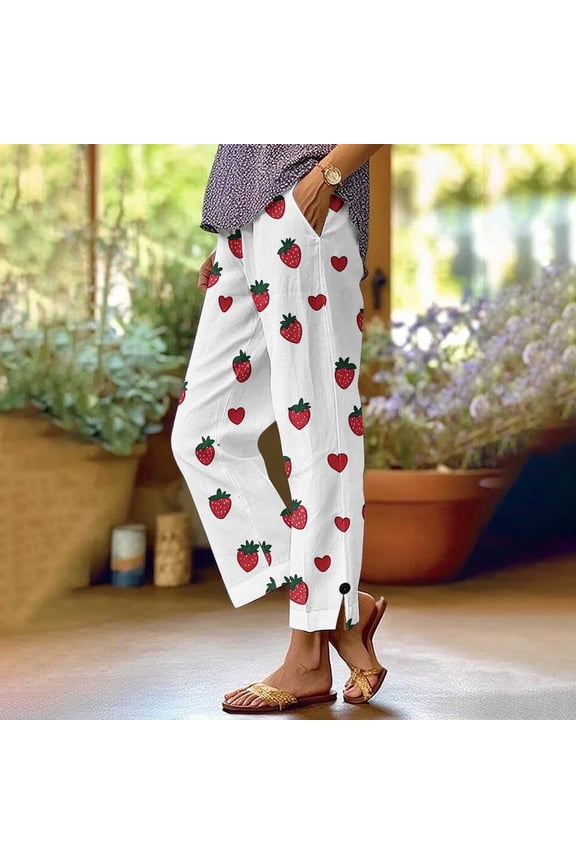 Wide Leg Womens Pants Casual Pants Cotton Linen Strawberry Trousers Loose Fit Pull-On Beach Womens Trouser Pants