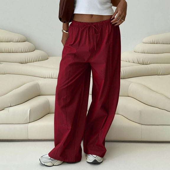 QUNYINEY Wide Leg Womens Summer Pants High Waist Casual Solid Ribbed Trousers Drawstring with Pockets Loose Pants
