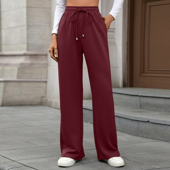 QUNYINEY Wide Leg Womens Sweatpants Cotton Red High Waisted Casual Trousers Elastic Waist Workout Drawstring with Pockets Open Bottom Women Trouser Pants