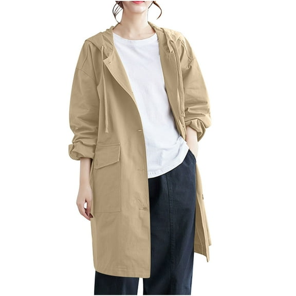 QUNYINEY Windbreaker Womens Coat Single Breasted Plus Size Hooded Khaki Overcoat Loose Fit Long Sleeve with Pockets Womens Jackets Casual