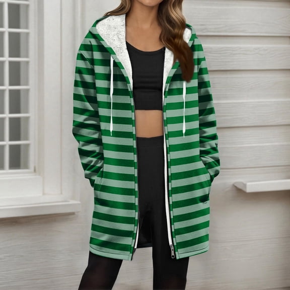 QUNYINEY Winter Coat Women Zip Up Striped Hooded Long Fleece Outerwear Warm with Pockets Long Sleeve Loose Fit Jackets for Women Trendy