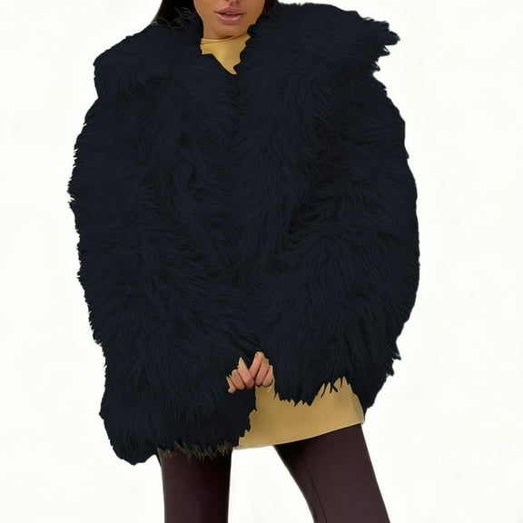 QUNYINEY Winter Jackets for Women Blue Faux Fur Outwear Lapel Collar Loose Fit Open Front Warm Long Sleeve Coat for Women