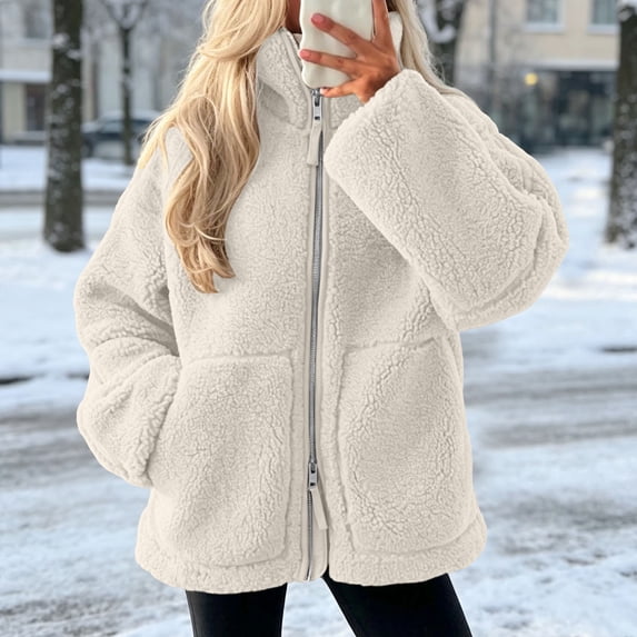 QUNYINEY Winter Jackets for Women Sherpa Fleece Full Zip White Outerwear Jackets Stand Colla Thicken Warm Long Sleeve with Pockets Coats