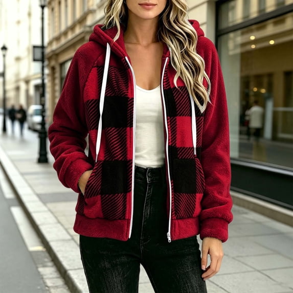 QUNYINEY Winter Jackets for Women Sherpa Fleece Hooded Full Zip Plaid Outerwear Jackets with Pockets Warm Long Sleeve Coats