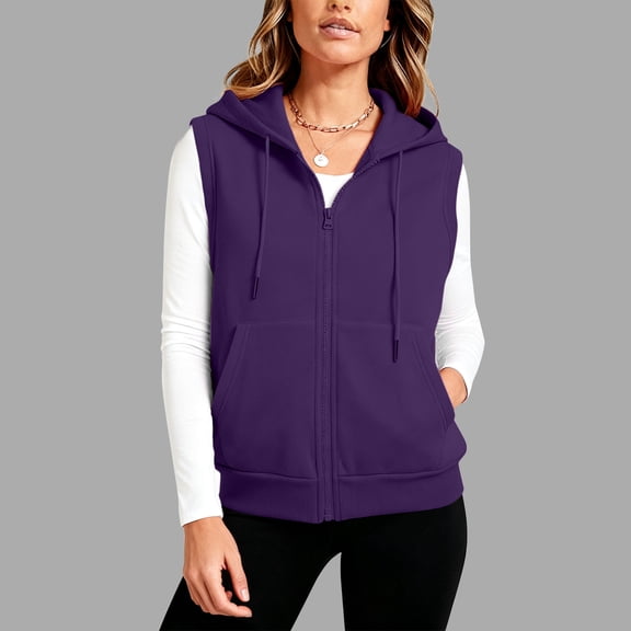 QUNYINEY Winter Vest for Women Purple Zip Up Light Waistcoat Pockets Loose Fit Sleeveless with Hood Women's Jacket