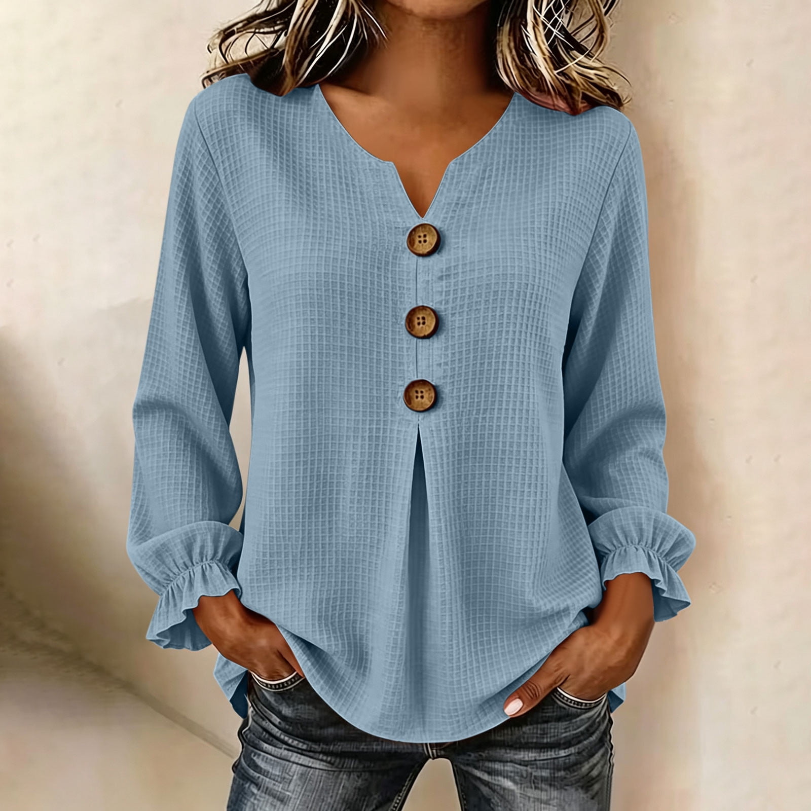QUNYINEY Winter Womens Plus Size Blouses Solid Long Sleeve Waffle Knit ...