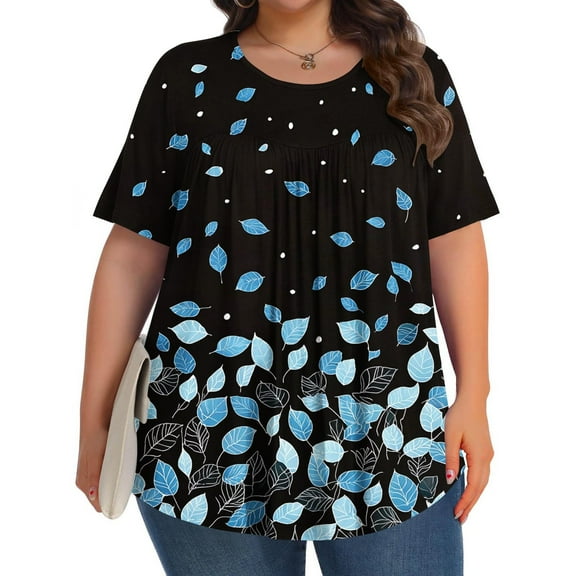QUNYINEY Women Blouses Casual Floral Plus Size Short Sleeve Tops Crew Neck Pullover Pleated Loose Women Shirts