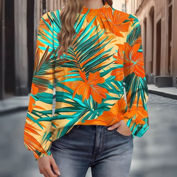QUNYINEY Women Blouses Hawaiian Pleated Puff Long Sleeve Tops Pullover Crewneck Loose Fit Long Sleeve Shirts for Women