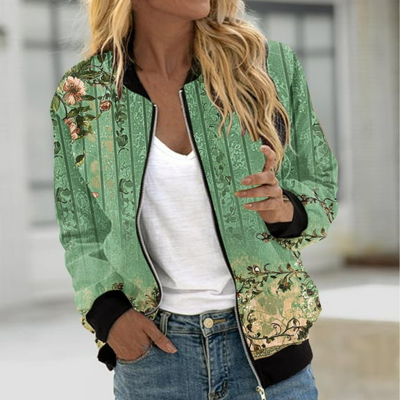 QUNYINEY Women Bomber Jacket Floral Full Zip Outwear Long Sleeve Fashion Loose Fit with Pockets Womens Coat