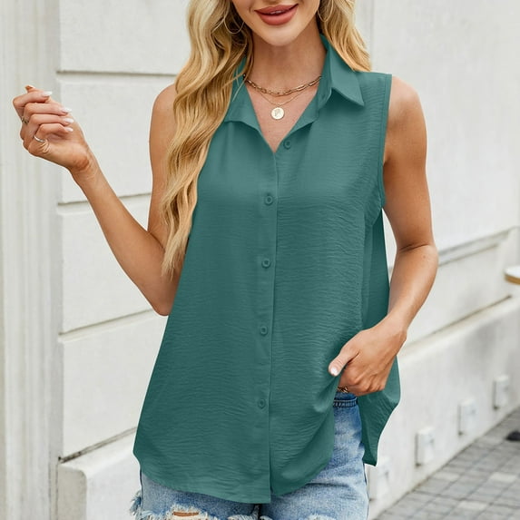 QUNYINEY Women Button Down Shirt Casual Solid Sleeveless Collared Tank Tops Loose Shirts