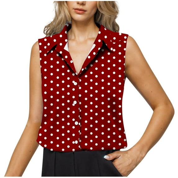 QUNYINEY Women Button Down Shirt Collared Sleeveless Casual Polka Dot Tops Loose Shirts