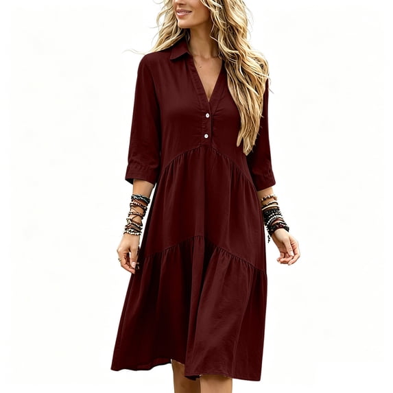 QUNYINEY Women Casual Dresses 3/4 Sleeve Red A Line Midi Shirt Dress Collared Button Flowy Loose Fit Dresses