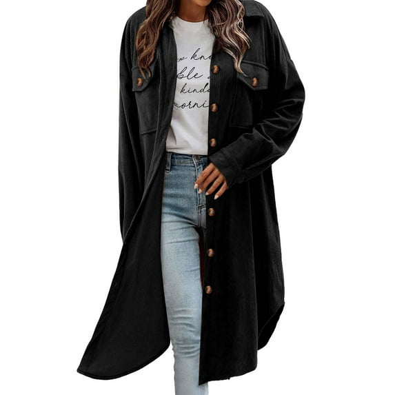 QUNYINEY Women Coats Long Corduroy Black Trench Coat Loose Fit Single Breasted Turndown Collar with Pockets Long Sleeve Womens Jackets Trendy