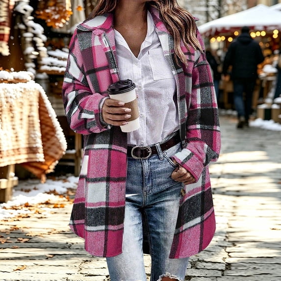 QUNYINEY Women Coats Plus Size Tweed Button Down Lightweight Plaid Overcoat Collar Casual Long Sleeve Jacket for Women