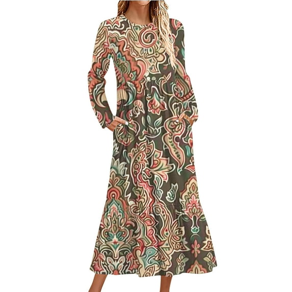 QUNYINEY Women Dresses Casual Vintage Long Sleeve A-Line Dress Crew Neck with Pockets Flowy Maxi Dresses