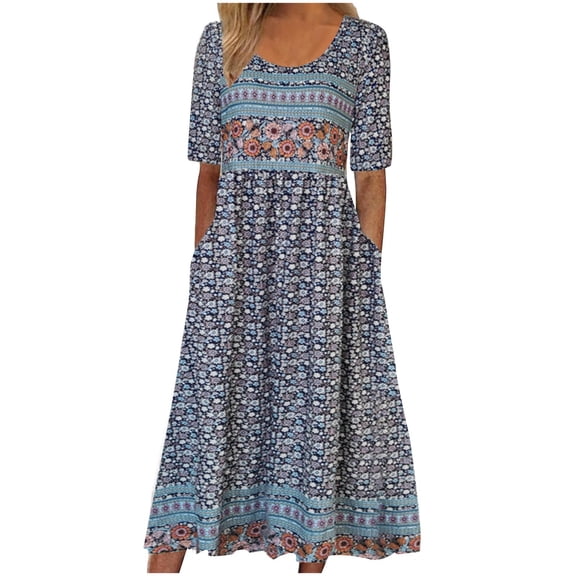QUNYINEY Women Dresses Short Sleeve Vintage Casual A-Line Dress Flowy with Pockets Crew Neck Maxi Sundress
