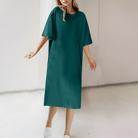 QUNYINEY Women Dresses Solid Casual Short Sleeve Tent Dress Crew Neck Midi Sundress